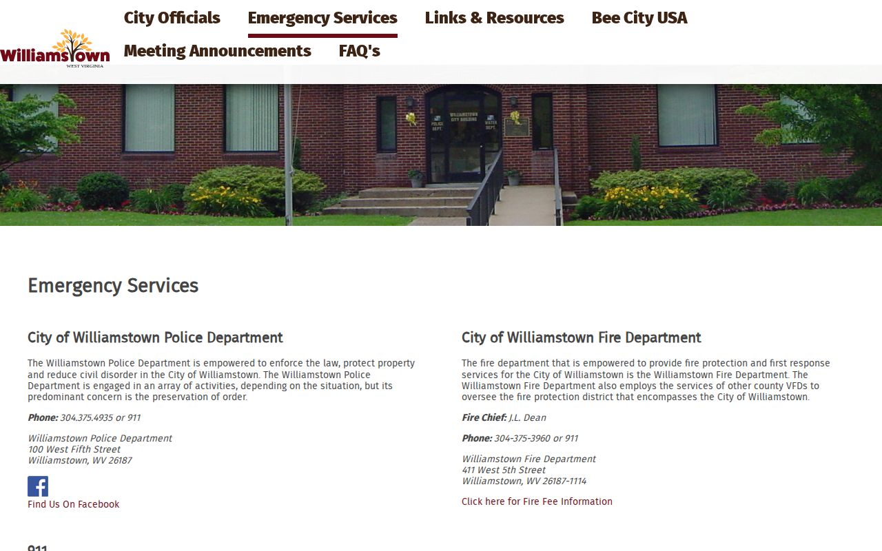 Williamstown Police Department details on the official city emergency-services page