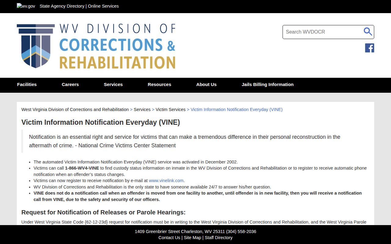 Wood County custody notification information from the official WVDCR VINE page